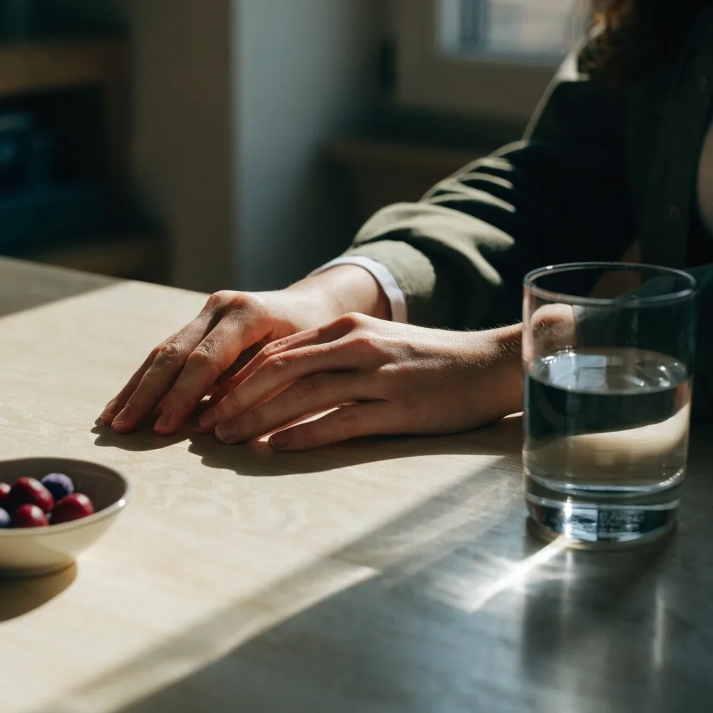 Nutritionist's hands and an open journal on a desk in warm morning window light