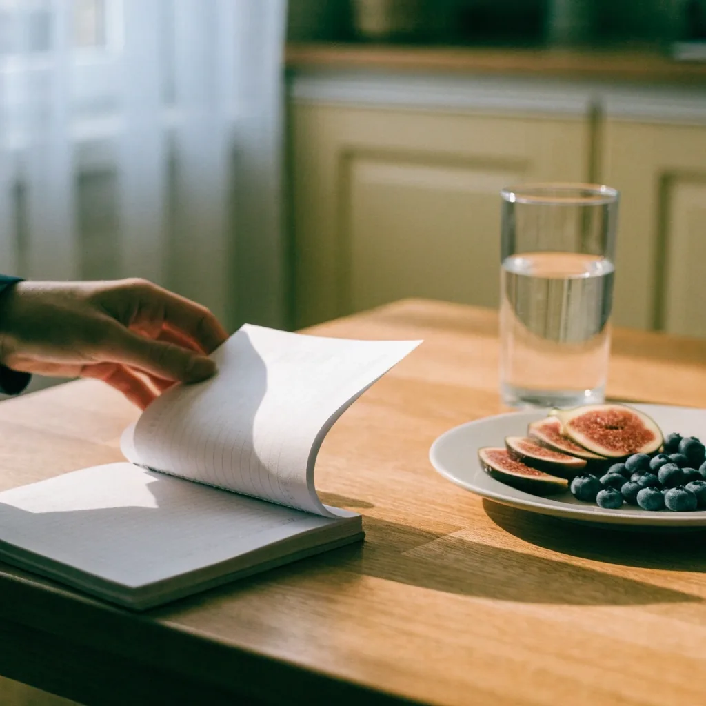 A hand turning a notebook page beside a plate of fruit in morning light