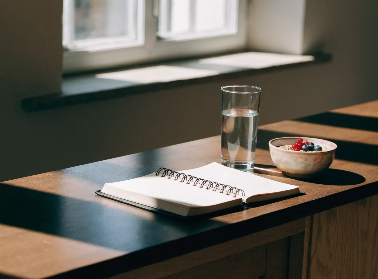 A food diary and a glass of water on a sunlit kitchen counter in the morning