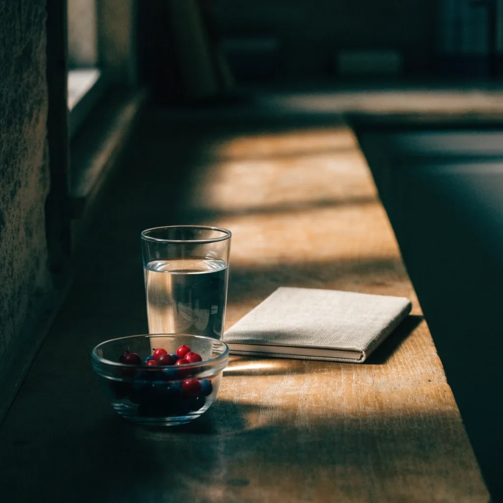 A food diary open on a wooden counter in morning light