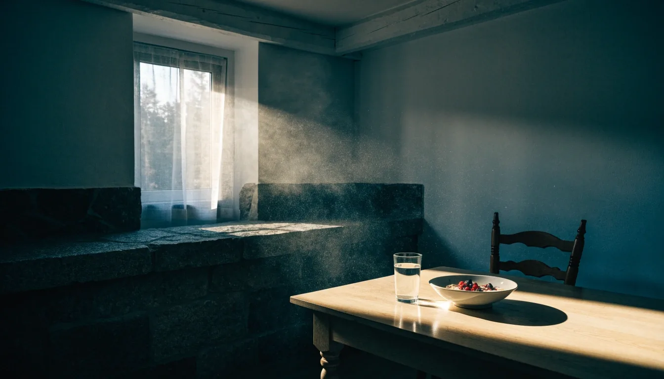 Morning light across a kitchen table with a bowl of oatmeal and a glass of water