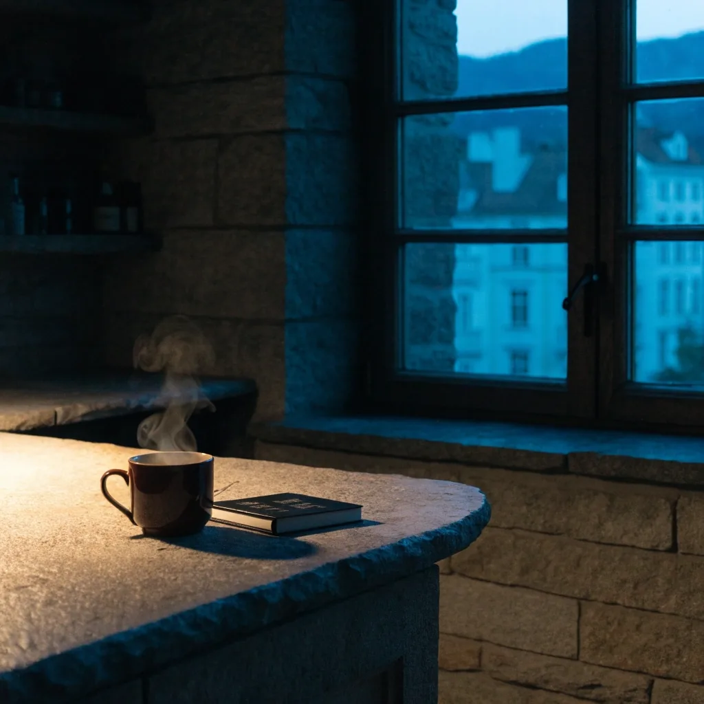 A quiet consultation desk with a warm lamp, a mug and a laptop turned away from view