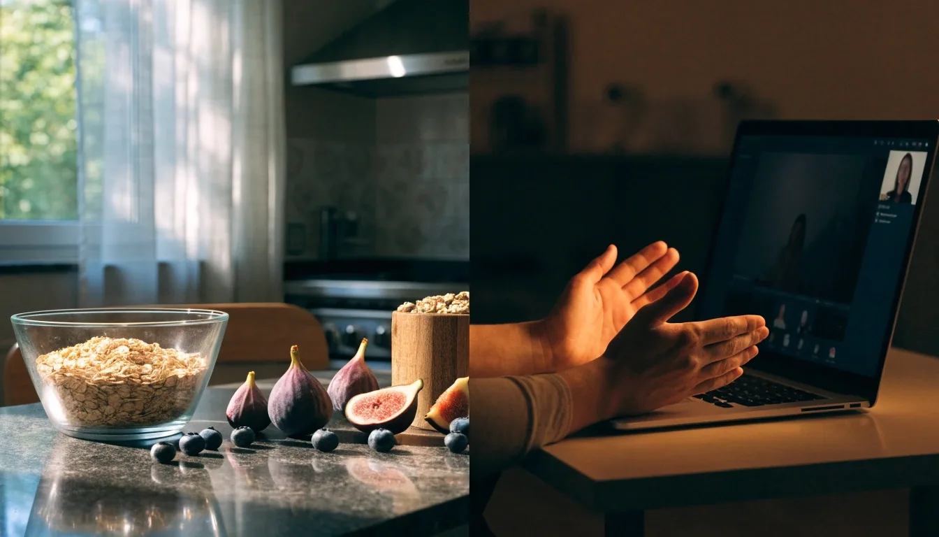 Breakfast bowl of oats, sliced figs and blueberries on dark stone under low morning light