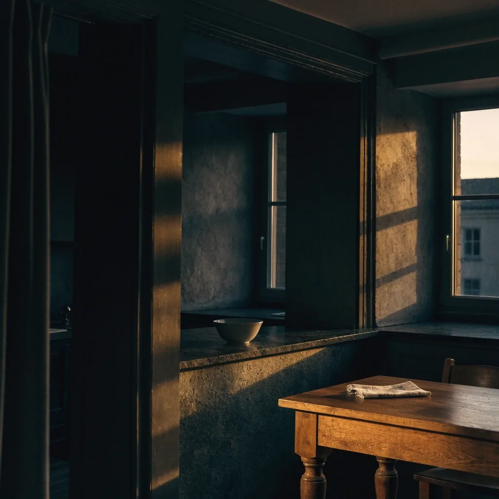 Estonian kitchen at dusk with warm low light across a wooden table and folded cloth